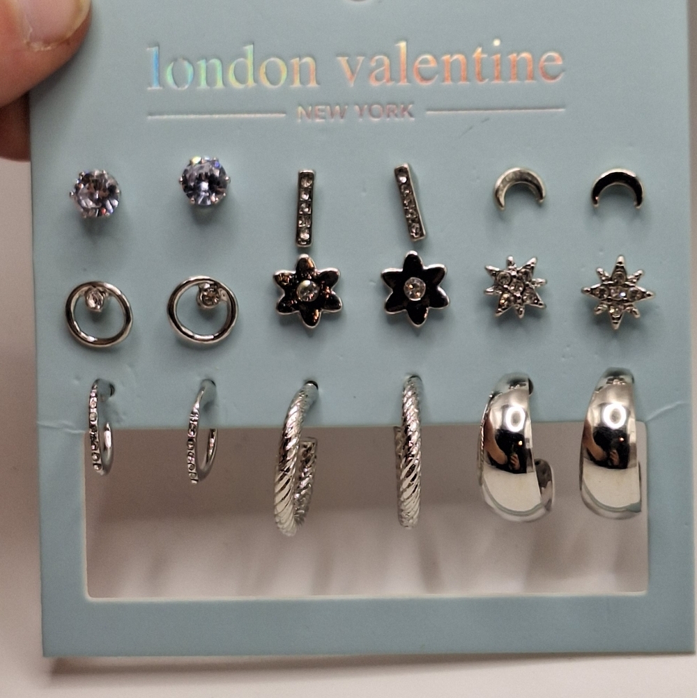 London Valentine Silver Tone Earring Set Studs Hoops Huggies 9 Pair NWT